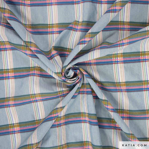 Tela de cuadros Madras en azul y toque rosa flúor (€/10cm)
