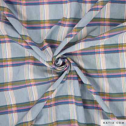 Tela de cuadros Madras en azul y toque rosa flúor (€/10cm)