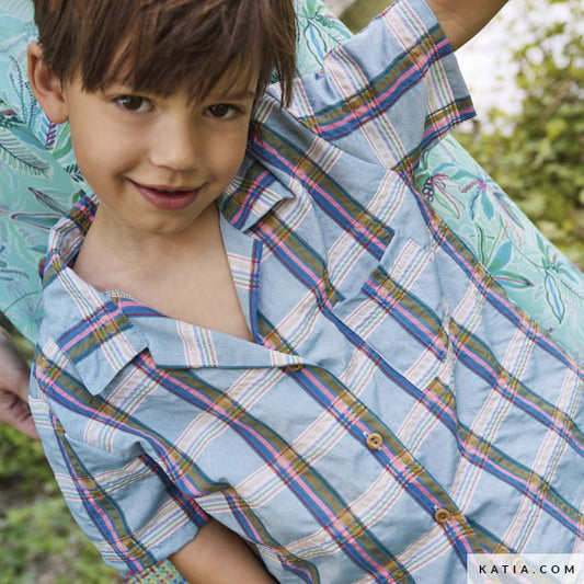 Tela de cuadros Madras en azul y toque rosa flúor (€/10cm)