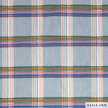 Tela de cuadros Madras en azul y toque rosa flúor (€/10cm)