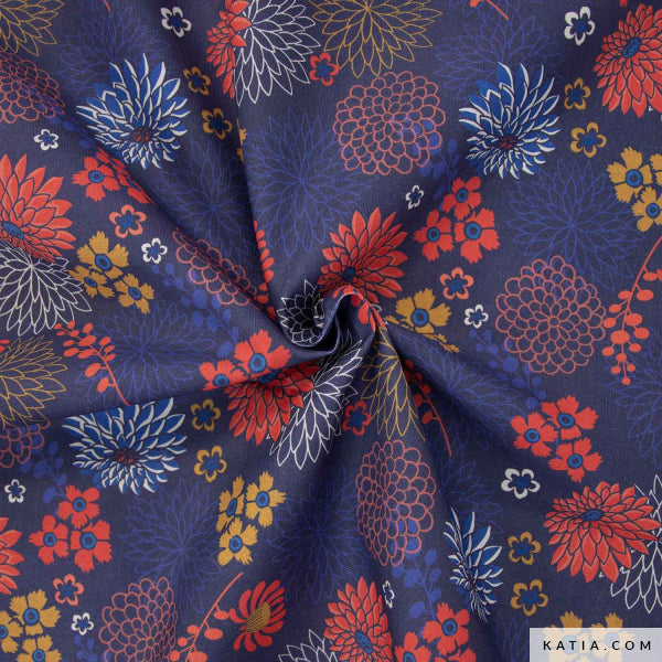 Tela de loneta de algodón Red & Blue Dahlias (€/10 cm)