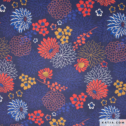 Tela de loneta de algodón Red & Blue Dahlias (€/10 cm)