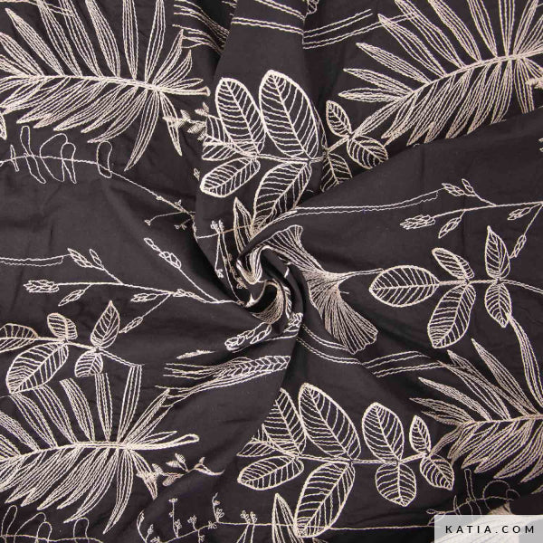 Tela Voile de algodón negro con bordado beige (€/10 cm)